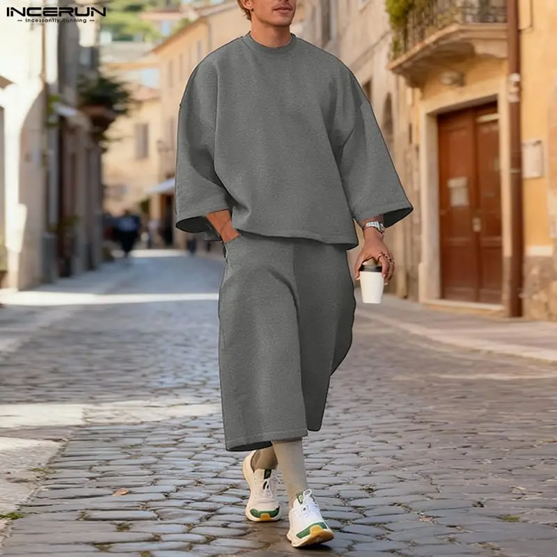 Street Summer Fashion - Conjuntos Masculinos INCERUN em Cores Sólidas,